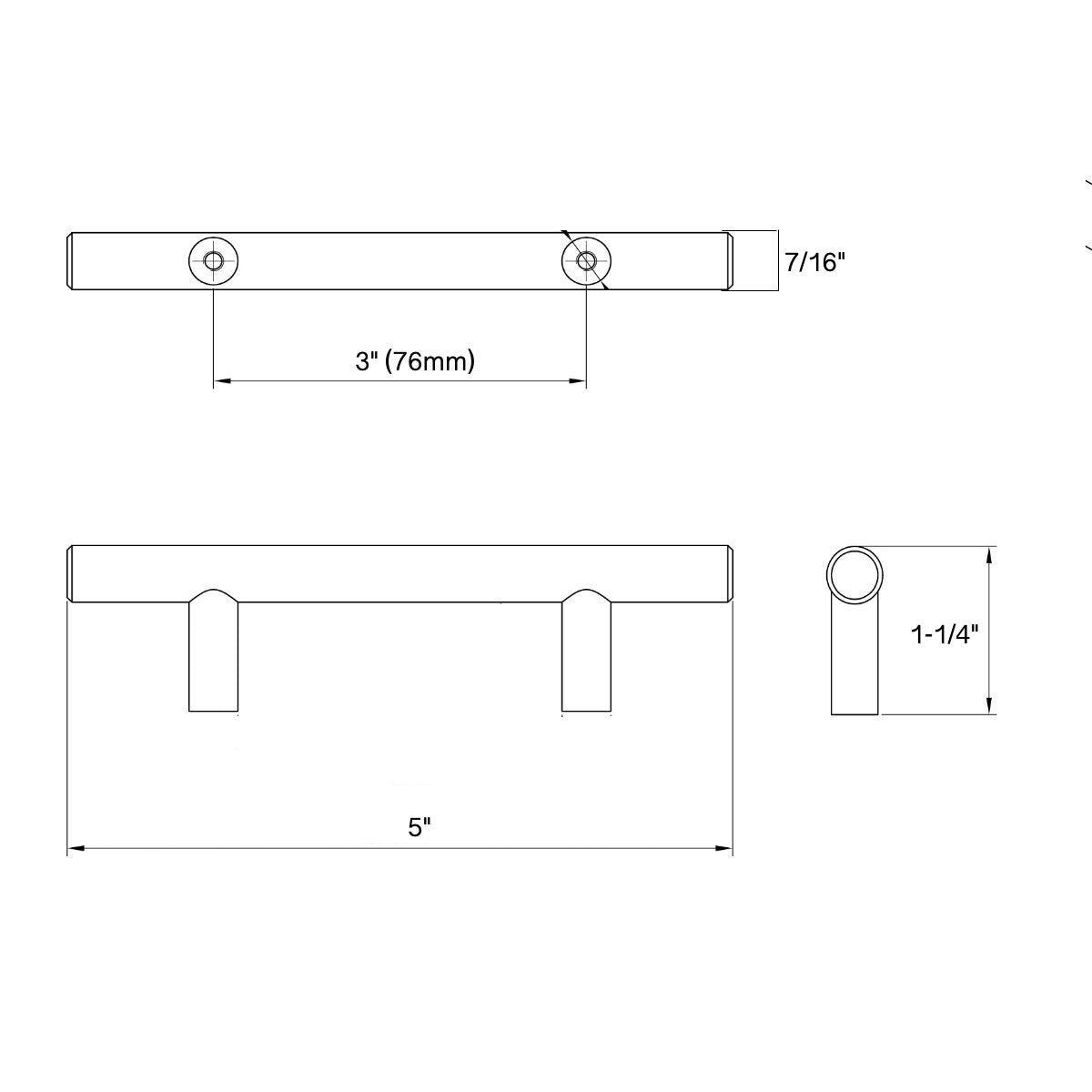Diagram of dimensions of straight bar cabinet pull in antique brass finish with three inch hole spacing
