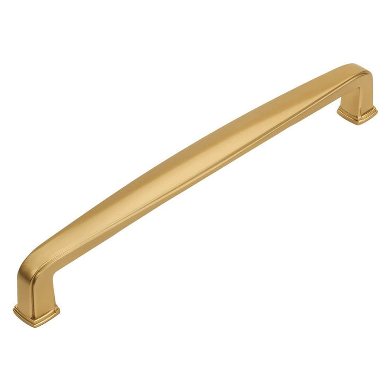 Cabinet pull with a subtle wide handle and six and five sixteenths inch hole spacing in gold champagne finish 