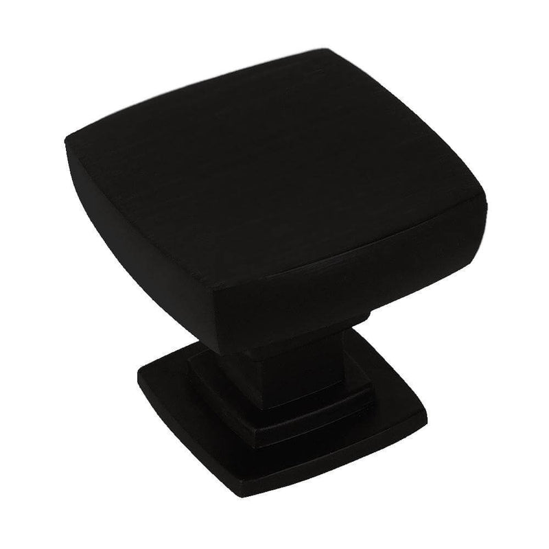 Convex square flat black finish cabinet knob with one and an eighth inch length