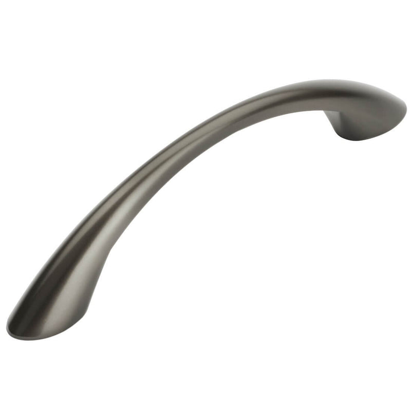 Elongated arched cabinet pull in graphite finish with three and three quarters inch hole spacing