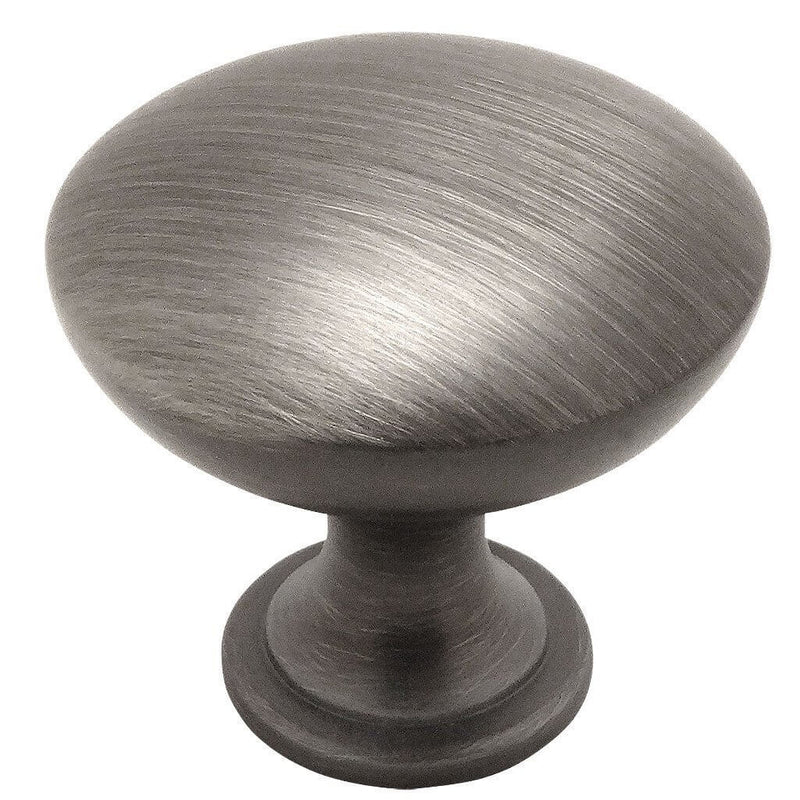 Round antique silver drawer knob with one and three sixteenths inch diameter