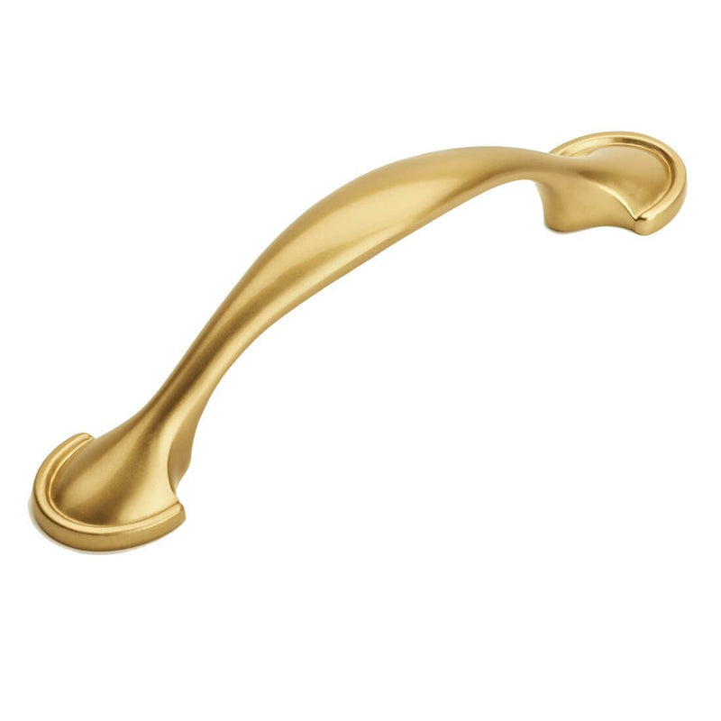 Gold champagne cabinet drawer pull with three inch hole spacing and shovel shaped ends