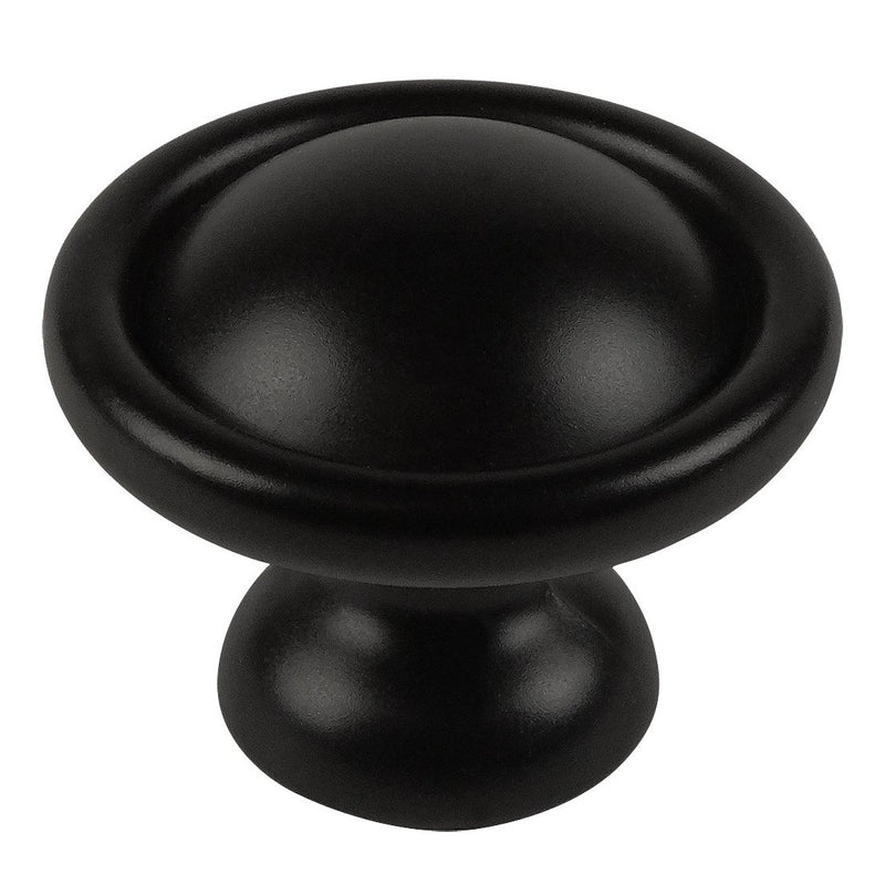 Round cabinet knob in flat black finish with thicker subtle edges