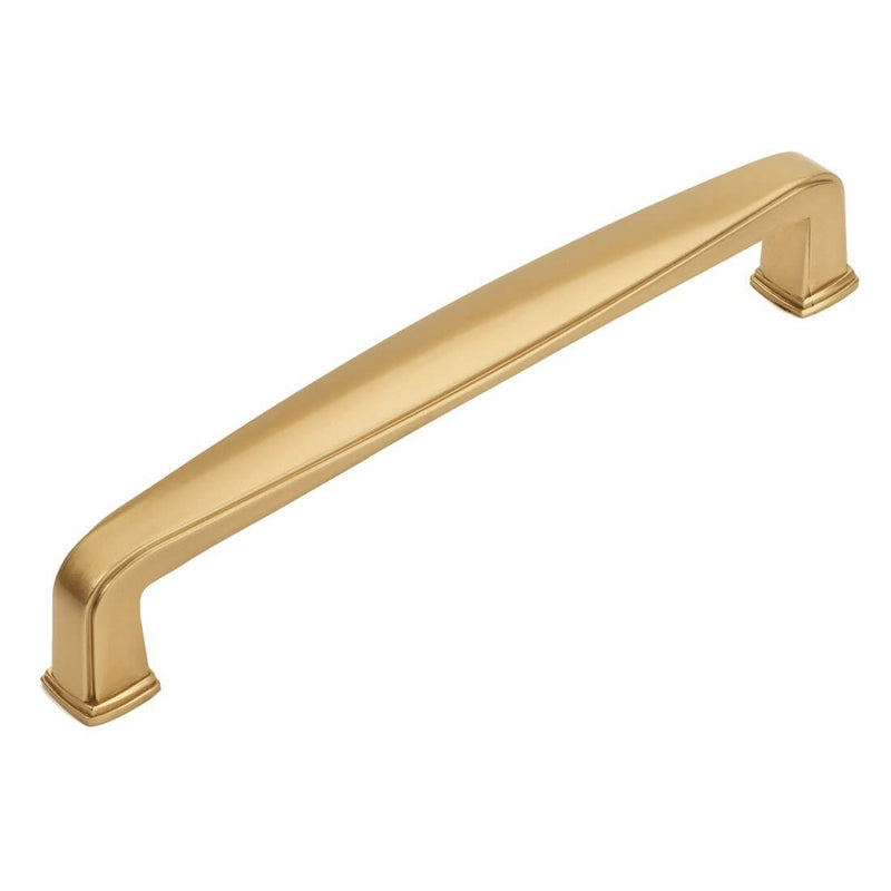 Elongated cabinet pull in gold champagne with five inch hole spacing