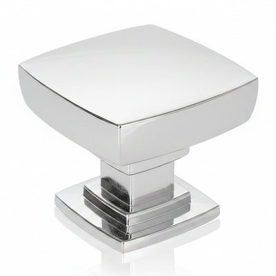 Contemporary polished chrome knob with convex square design and one and an eighth inch length