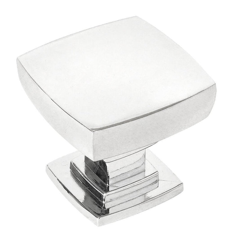 Contemporary polished chrome knob with convex square design and one and an eighth inch length