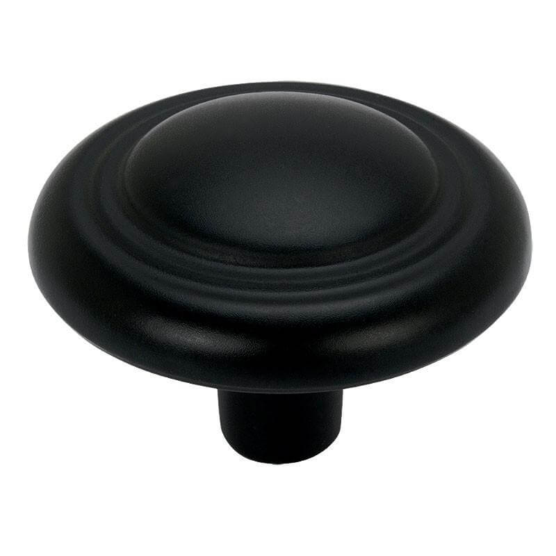 Round drawer knob in flat black finish with double ring and a slightly raised centre