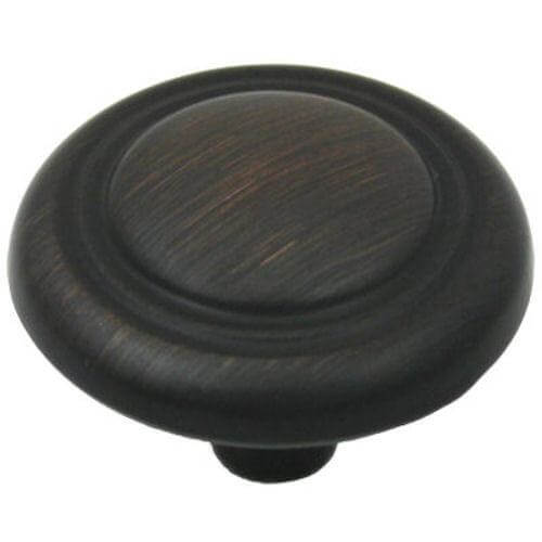 Oil rubbed bronze cabinet drawer knob with double ring and one and a quarter inch diameter