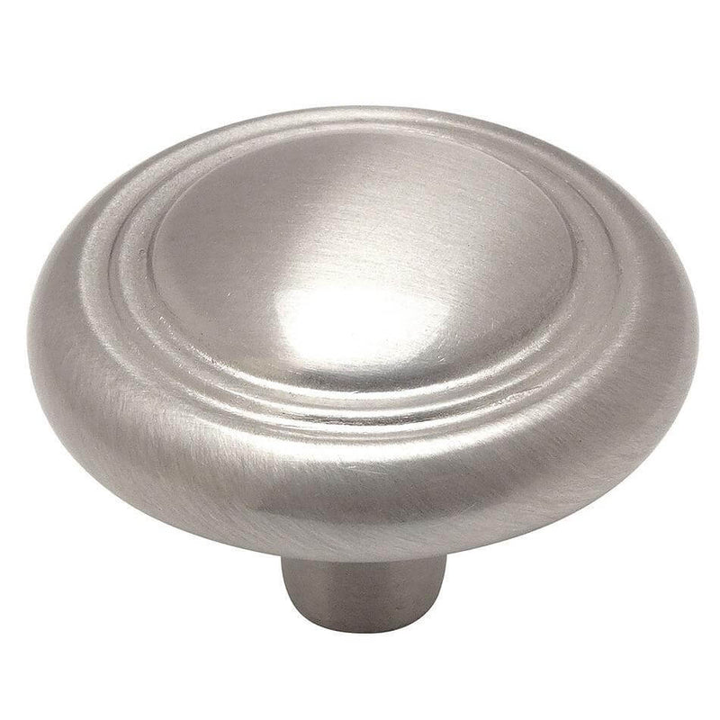 Double ring round cabinet drawer knob in satin nickel finish with one and a quarter inch diameter