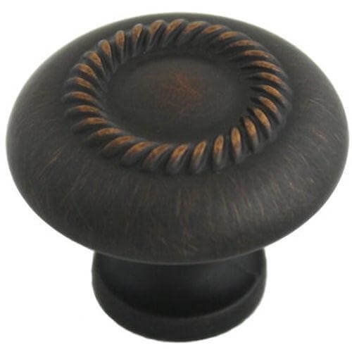 Round cabinet knob in oil rubbed bronze finish with rope design