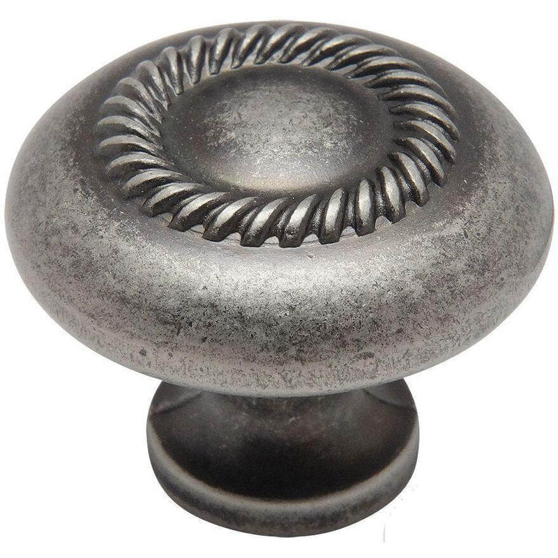 Round cabinet knob in weathered nickel finish with rope design