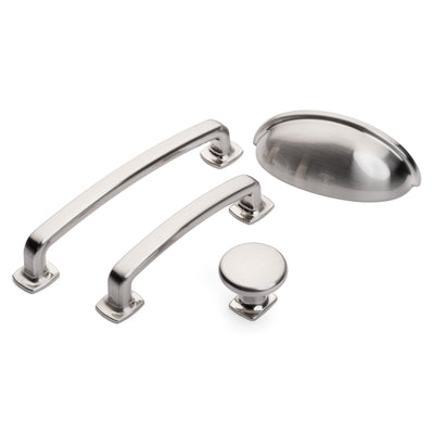 Traditional satin brushed nickel cabinet pulls, handles, brackets and knobs. 