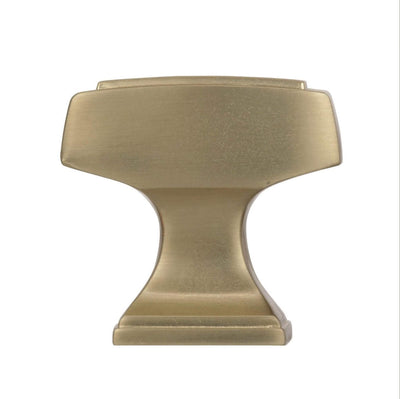 Diagram of dimensions of square cabinet knob in golden champagne finish with rectangle shape of knob and square base