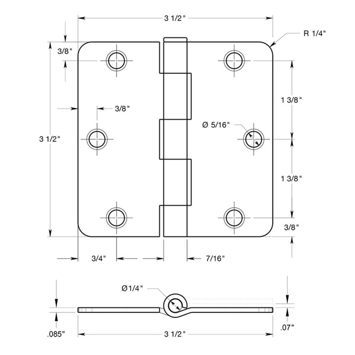 Door Hinge, Polished Chrome, 3-1/2&quot; with 1/4&quot; Radius Corners