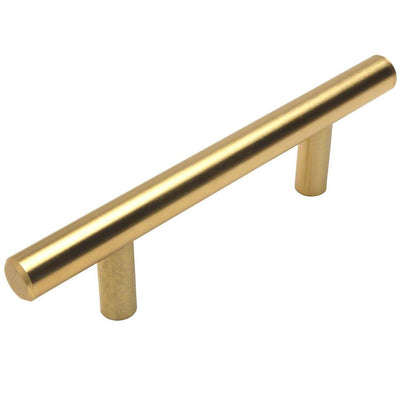 Brushed brass euro style bar pull with two and a half inch hole spacing