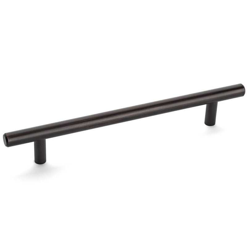 Oil rubbed bronze euro style bar pull with six and five sixteenths inch hole spacing