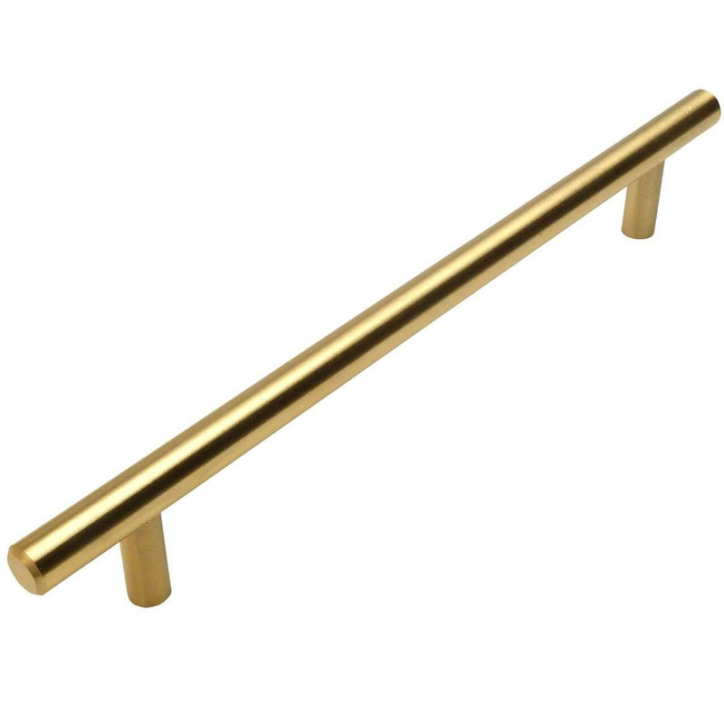 Brushed brass euro style bar pull with seven and a half inch hole spacing