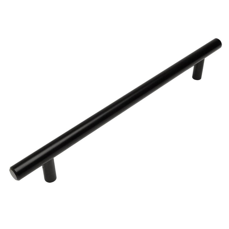 Flat black euro style bar pull with seven and a half inch hole spacing