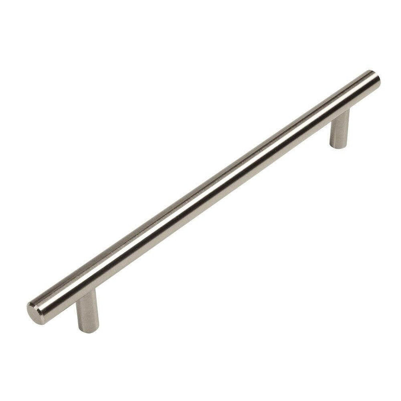 Satin nickel euro style bar pull with eight and seven eighths inch hole spacing