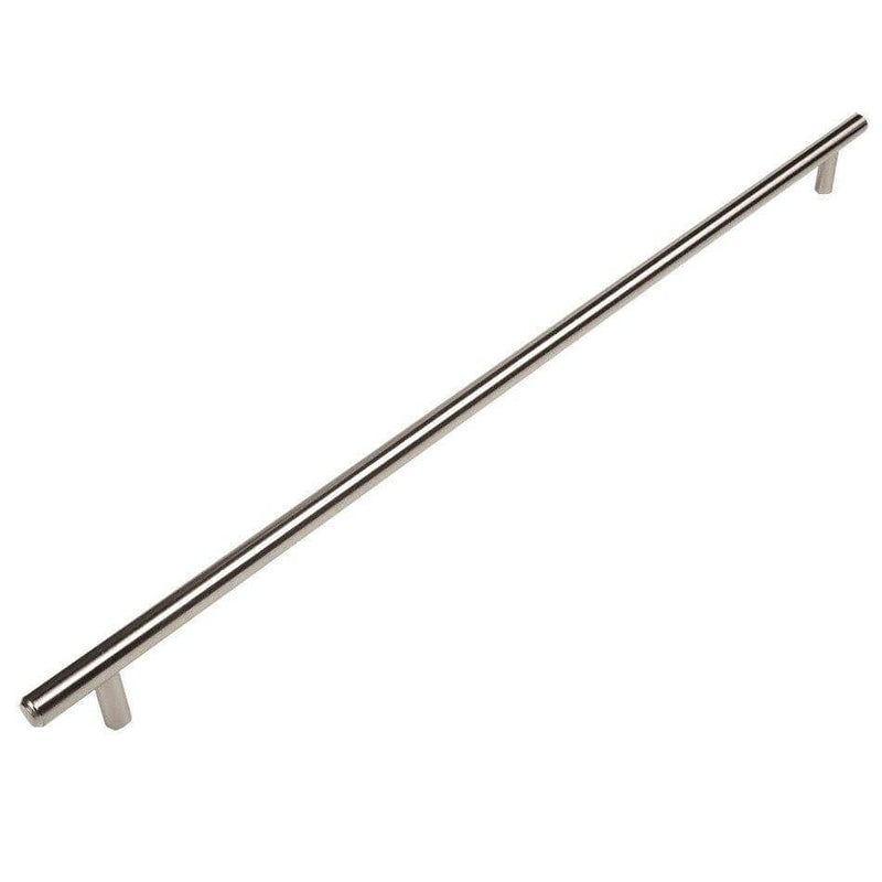 Satin nickel euro style bar pull with eighteen and seven eighths inch hole spacing