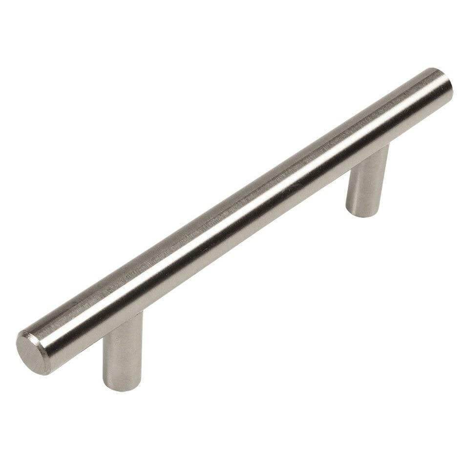 Satin nickel euro style bar pull with three and three quarters inch hole spacing