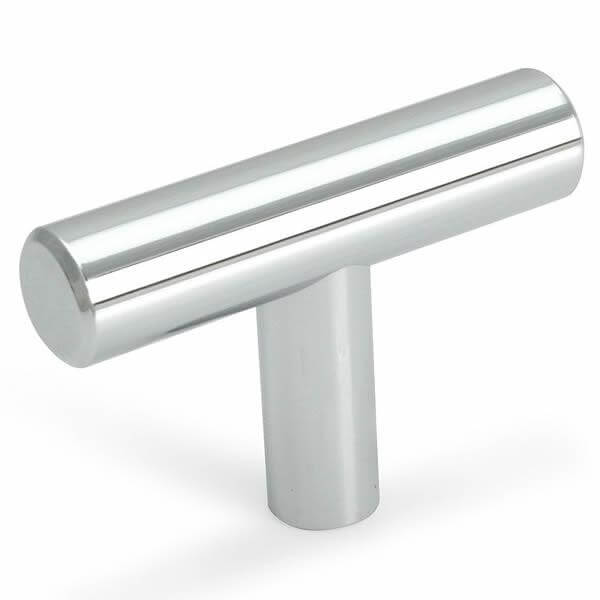 Euro style t bar knob in polished chrome finish with beveled edges and two inch length