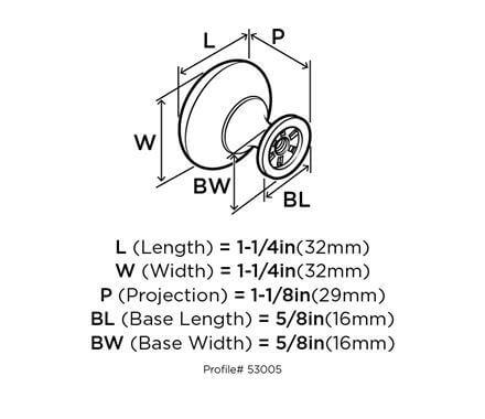 Diagram of dimensions of round polished chrome furniture knob with one and a quarter inch hole spacing