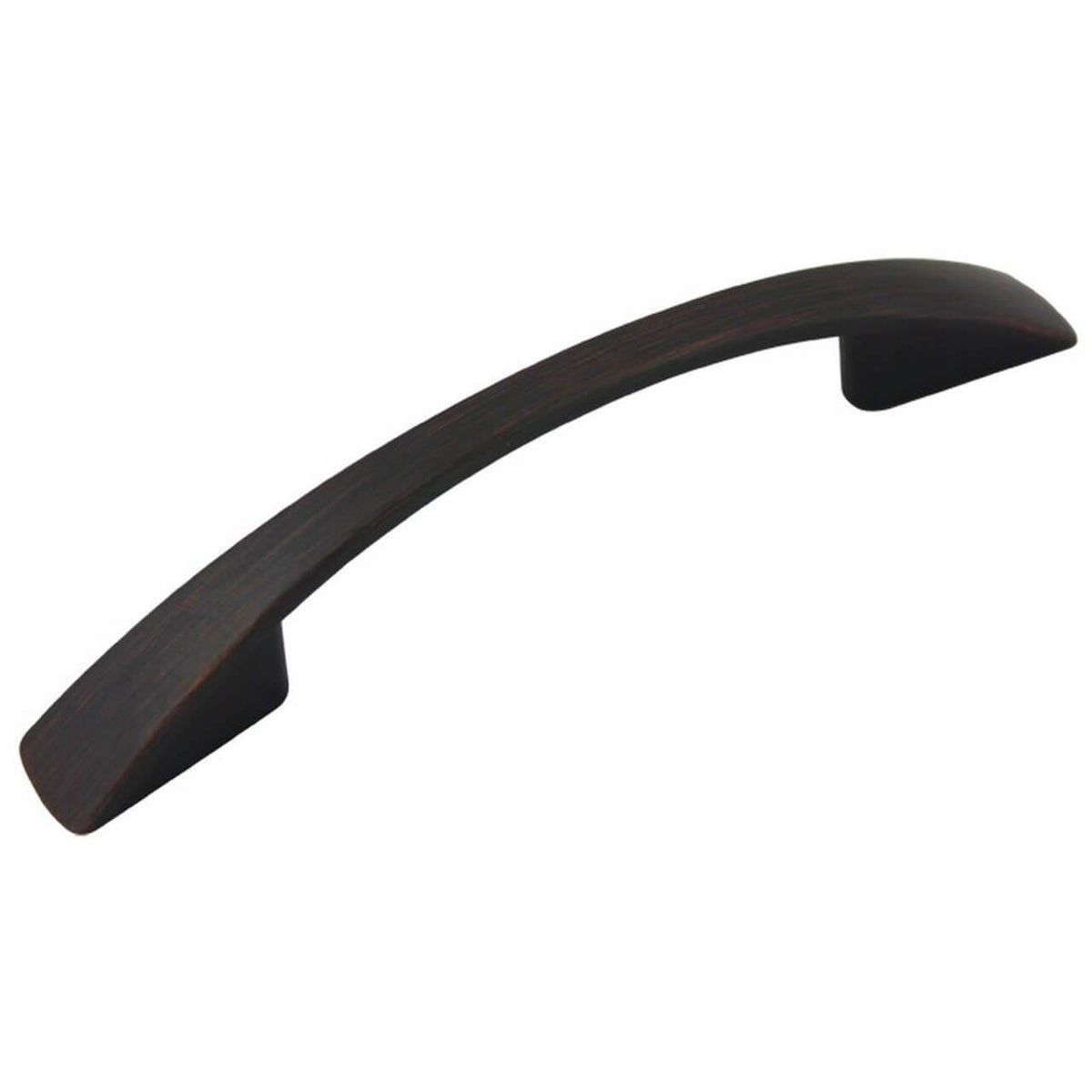 Oil rubbed bronze cabinet pull with subtle flare at the ends and three inch hole spacing