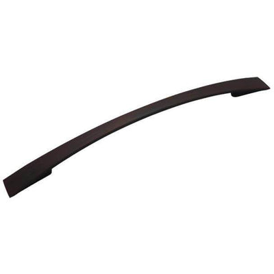 Slim flat drawer handle with subtle arch design and six and five sixteenths inch hole spacing