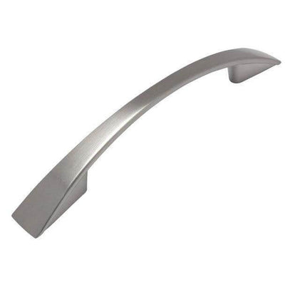 Satin nickel cabinet pull with subtle arch design