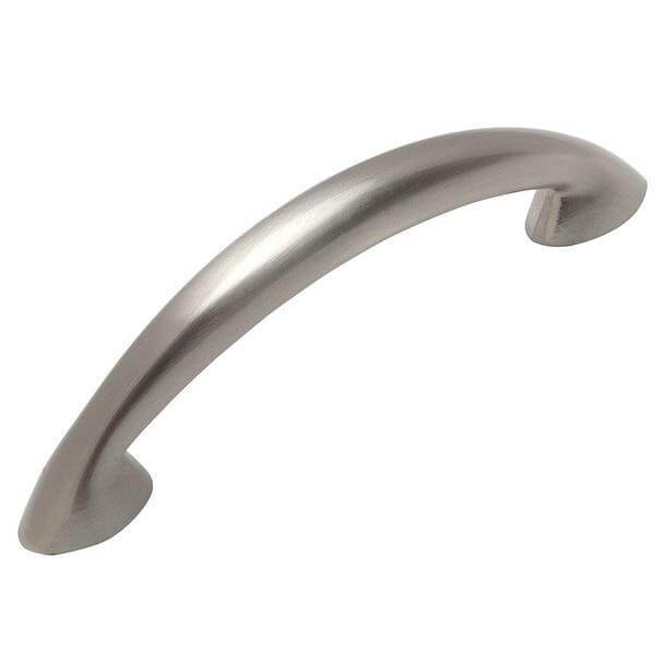 Sturdy cabinet pull in satin nickel finish with two and a half inch hole spacing