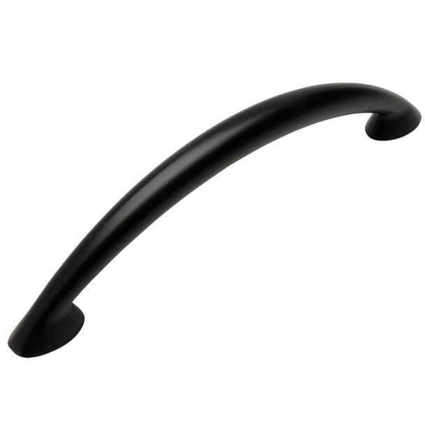 Slim blunt points cabinet pull in flat black finish with three and three quarters inch hole spacing
