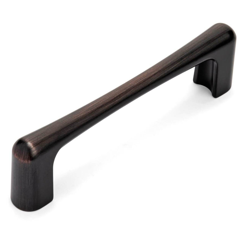 Three and three quarters inch hole spacing cabinet handle in oil rubbed bronze finish with slim handle grip