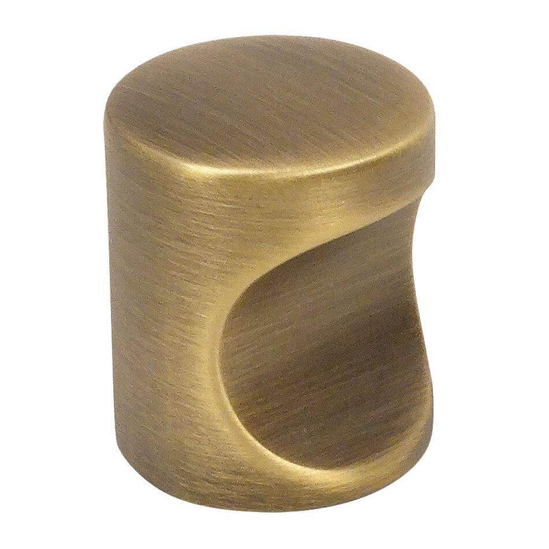Brushed antique brass cabinet knob with three quarters inch diameter