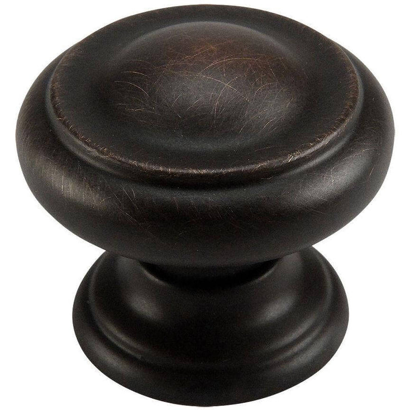 Oil rubbed bronze drawer knob with slightly raised ring on the edge