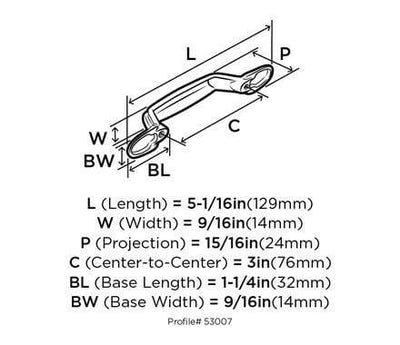Diagram of dimensions of three inch hole spacing cabinet pull with roof shape design in satin nickel finish