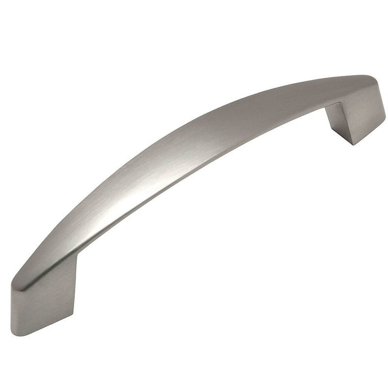 Satin nickel handle pull with elongated design and three and three quarters inch hole spacing