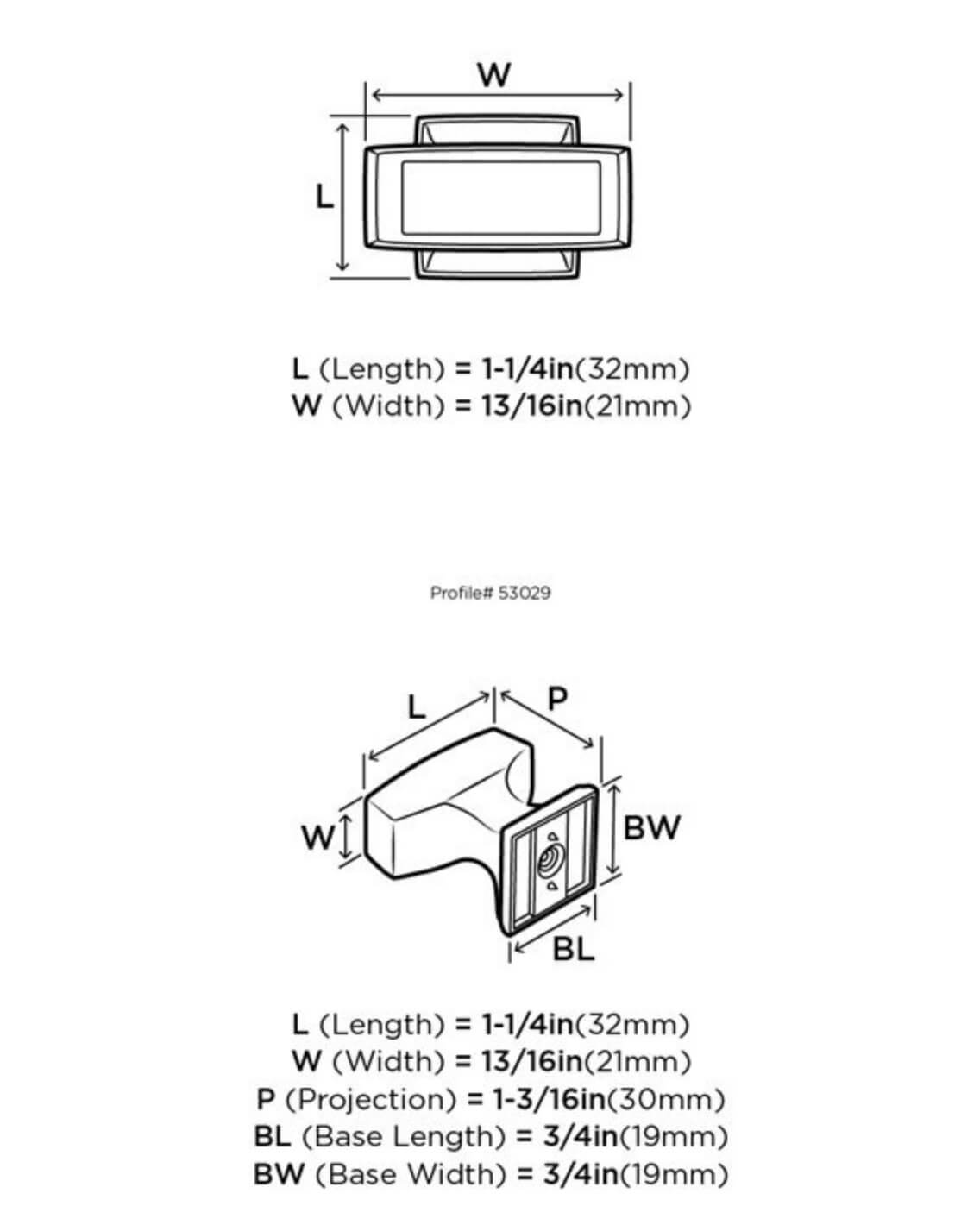 Diagram of dimensions of rectangle drawer knob in oil rubbed bronze finish with slightly raised rectangle at the centre