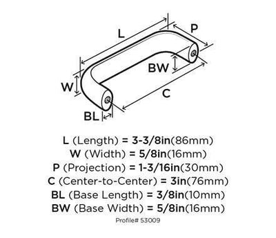 Diagram of dimensions of three inch hole spacing cabinet pull in satin nickel finish with subtle arched corner