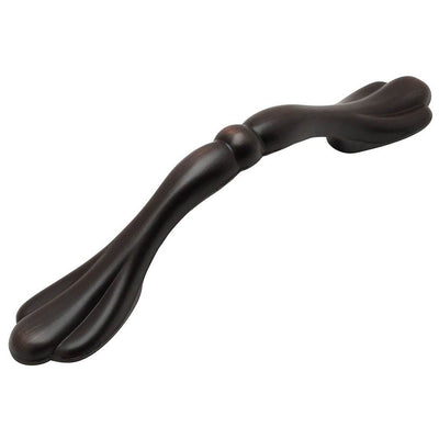 Cabinet pull with flower petals design and three inch hole spacing in oil rubbed bronze finish