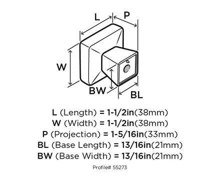 Diagram of dimensions of square drawer knob in satin nickel finish with one and a half inch width