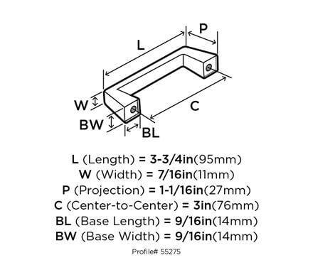 Diagram of dimensions of three inch hole spacing drawer pull with square rigid design in satin nickel finish