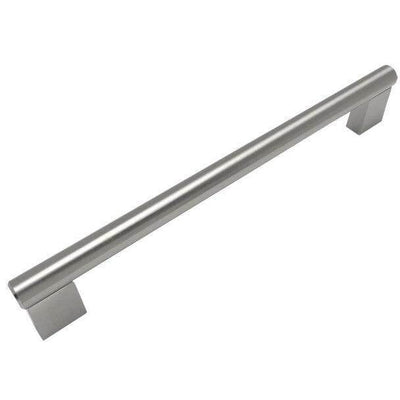 Satin nickel cabinet pull with combination of rectangular and cylinder design and seven and a half inch hole spacing