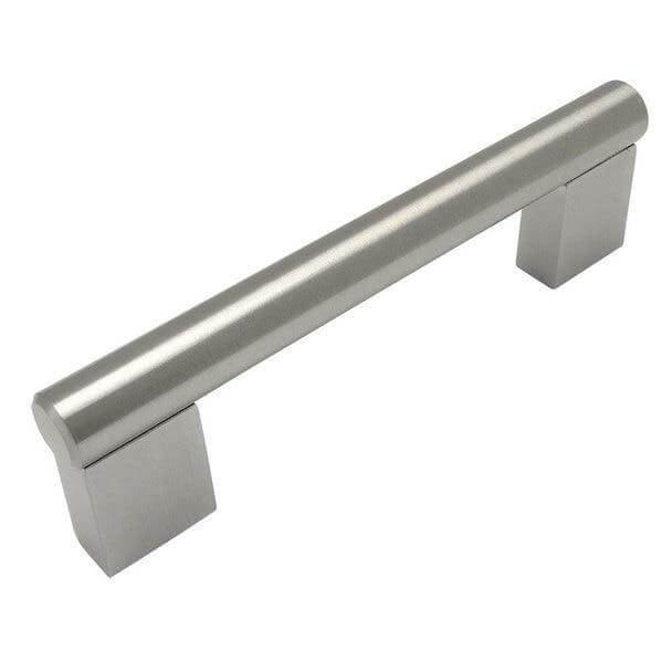 Three and three quarters inch hole spacing in satin nickel finish and rectangular and tube shape
