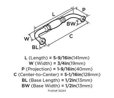 Diagram of dimensions of barrel drawer pull in satin nickel finish with ring accents