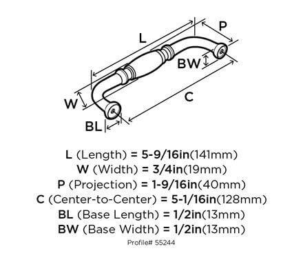 Diagram of dimensions of barrel drawer knob in oil rubbed bronze finish with five inch hole spacing