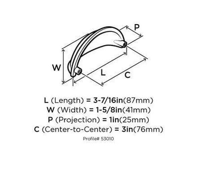 Diagram of dimensions of drawer cup pull in golden champagne finish with three inch hole spacing