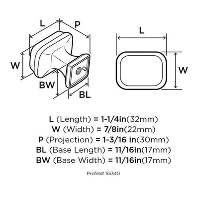 Diagram of dimensions of classic golden champagne cabinet knob with rectangle shape and beveled edges