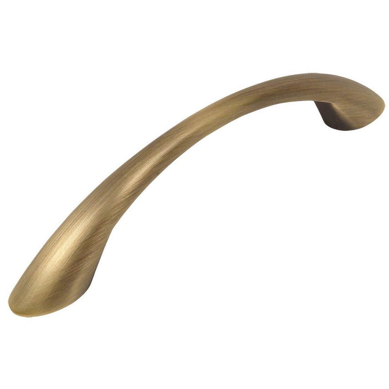 Slim grip handle cabinet pull in brushed antique brass finish with three and three quarters inch hole spacing