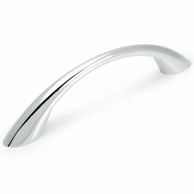 Arched drawer pull in polished chrome finish with three and three quarters inch hole spacing